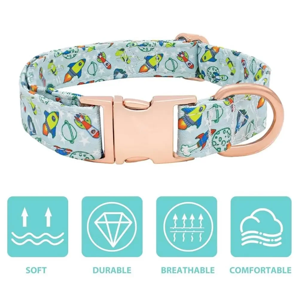 NIB XS 4 piece Dog Collar Leash Bow Flower Set Rocket Ship Print Rose Gold Tone
